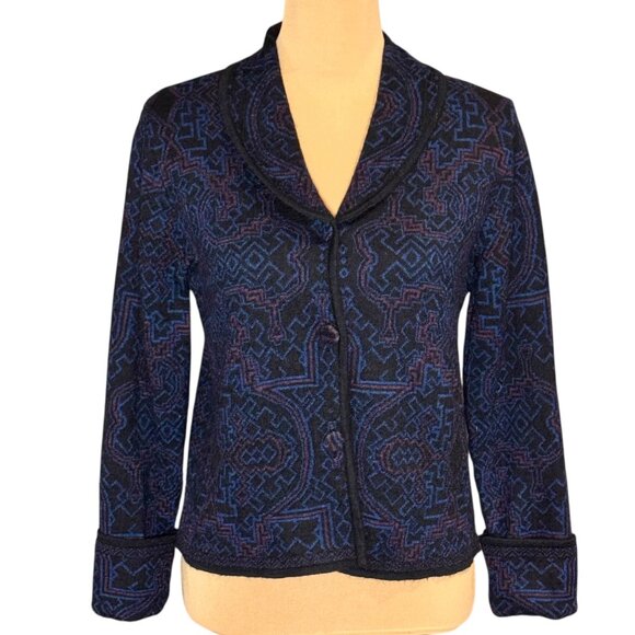 SOL Alpaca Cardigan Top Sz.M Black Printed Shawl Collar Whimsigoth Retro Peru - Picture 1 of 14